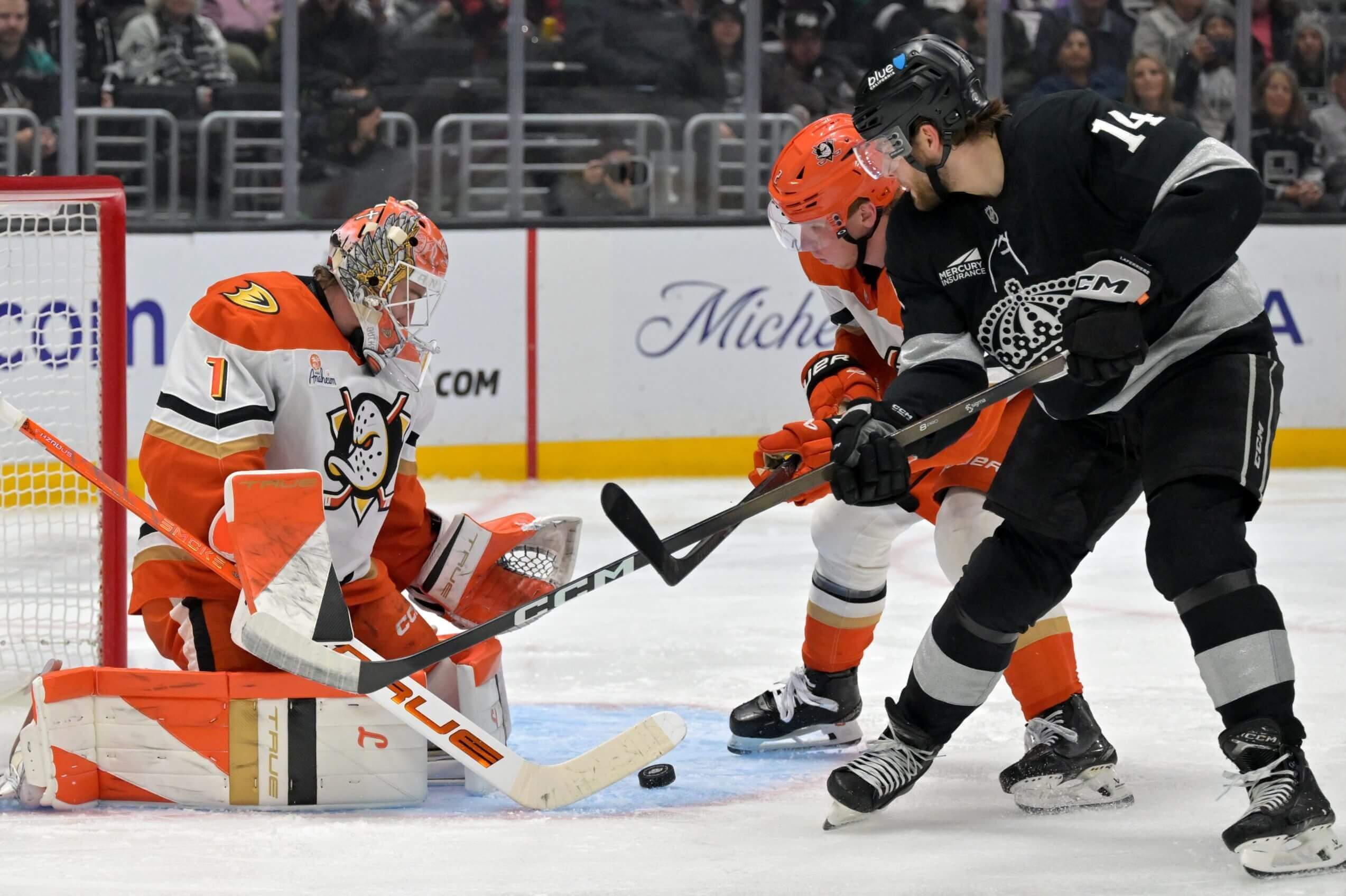 Ducks goaltender Lukas Dostal makes a save vs. the Kings.