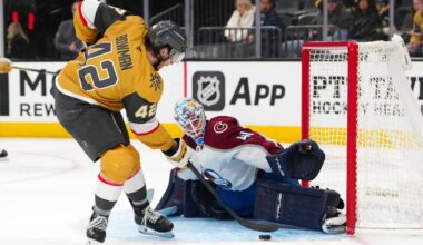 Colorado Avalanche goaltender Scott Wedgewood (41) makes a save against Vegas Golden Knights right wing Braeden Bowman (42) during the second period at T-Mobile Arena. Mandatory Credit: Stephen R. Sylvanie-Imagn Images