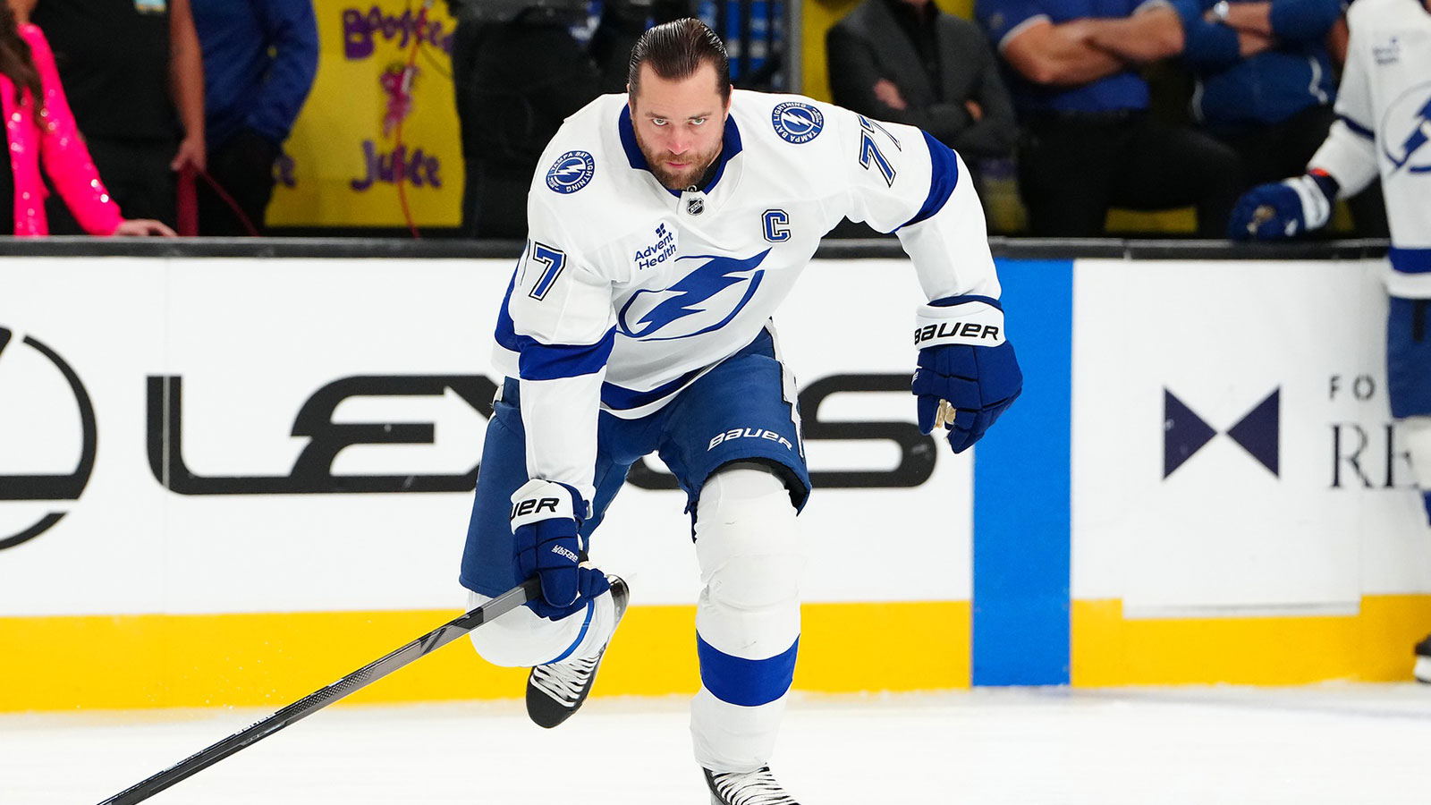 Tampa Bay Lightning defenseman Victor Hedman (77) warms up before a game against the Vegas Golden Knighs at T-Mobile Arena.