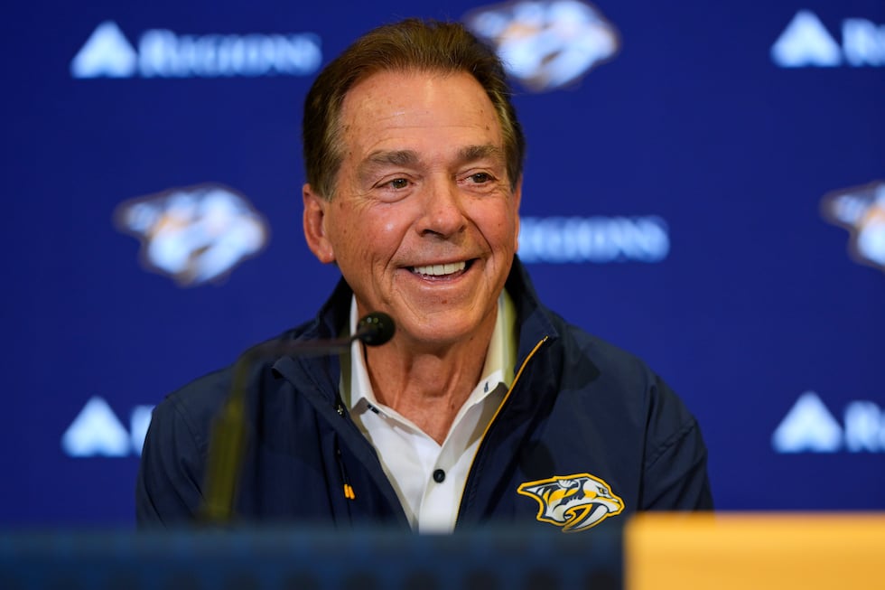 Nick Saban speaks during a news conference announcing his minority ownership of the Nashville...