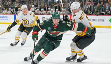 Quinn Hughes in middle looking happy in Minnesota Wild jersey (he played his first game for them yesterday), Stuart Skinner on one side (Edmonton Oilers jersey), and Tristan Jarry on other side (Pittsburgh penguins jersey), NHL logo in image, hockey rink in background, Text: Week 11 NHL Power Rankings