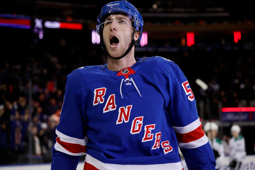 Will Cuylle lets out a celebratory yell after scoring a third-period goal in the Rangers' OT win over the Stars.