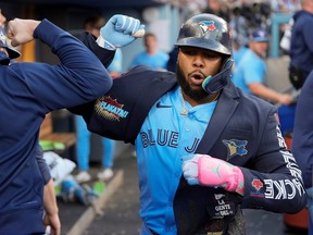 Toronto Blue Jays' Vladimir Guerrero Jr. celebrates a home run, Oct. 29, 2025, in Los Angeles.