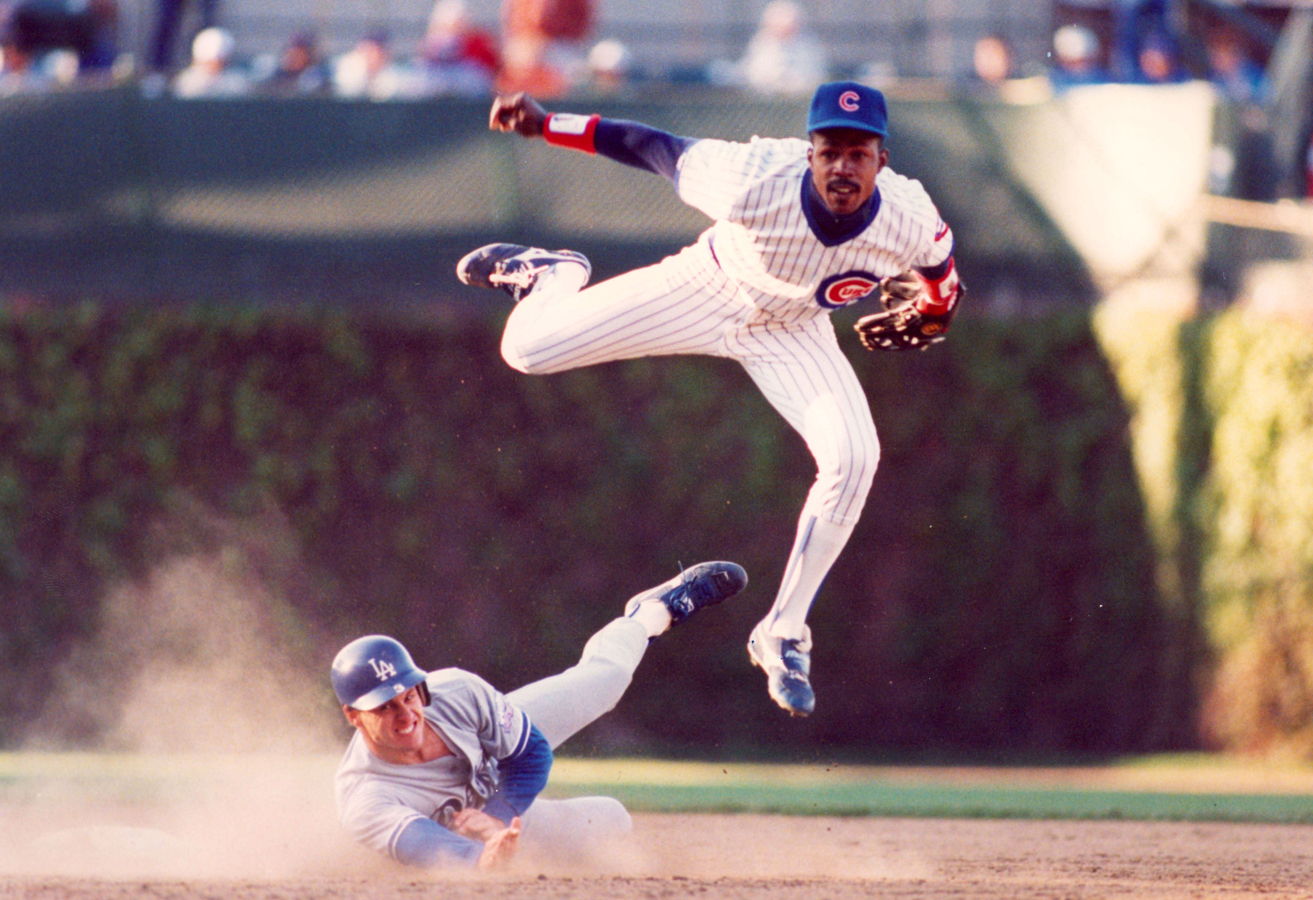 Cubs shortstop Shawon Dunston forces out Steve Sax during a 5-4 win over the Dodgers on May 4, 1987, at Wrigley Field.