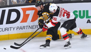 Bruins center Morgan Geekie (left)  and Devils forward Angus Crookshank pursue the puck in the third period of Boston's win. Geekie scored his 22nd goal of the season.