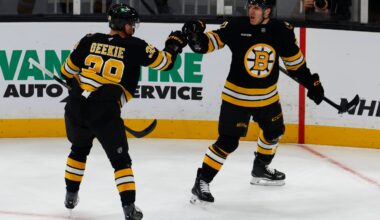 Morgan Geekie (left) and Alex Steeves scored to give the Bruins a 2-0 lead over the Blues after the first period at TD Garden.