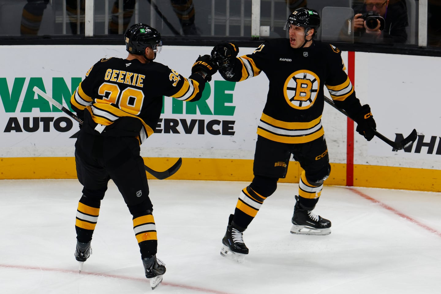 Morgan Geekie (left) and Alex Steeves scored to give the Bruins a 2-0 lead over the Blues after the first period at TD Garden.