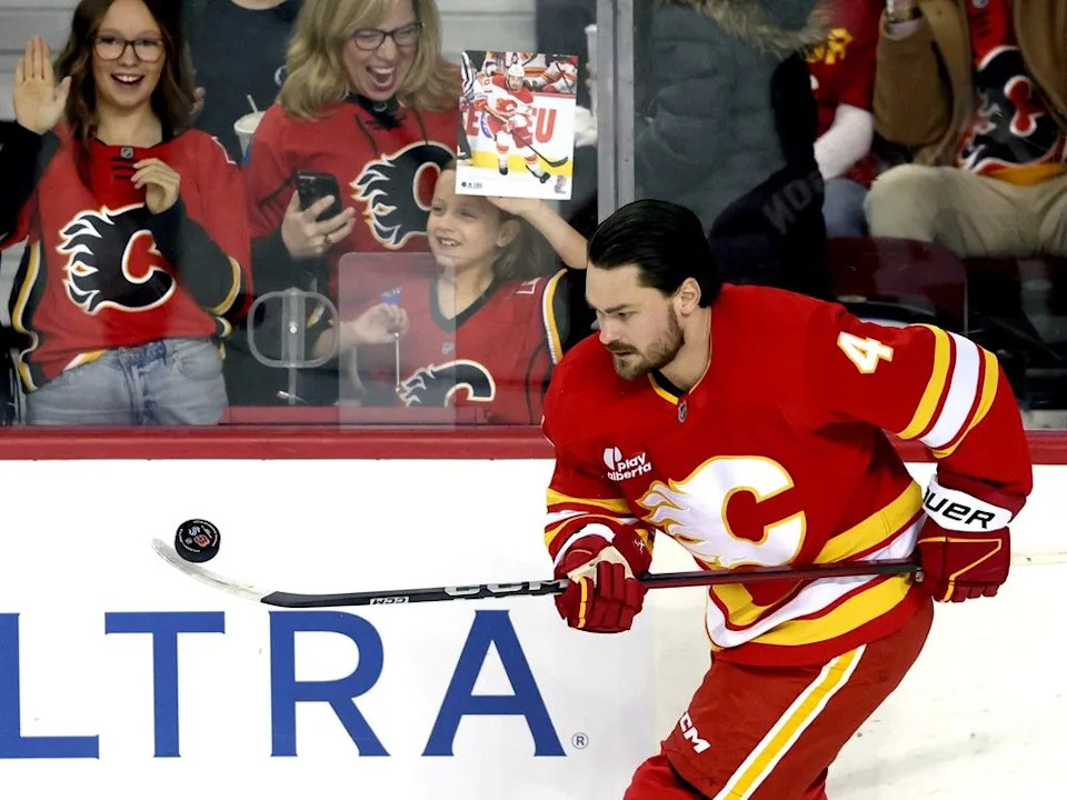  Calgary Flames Rasmus Andersson during warm up before taking on the Seattle Kraken in NHL action at the Scotiabank Saddledome in Calgary on Thursday, December 18, 2025.
