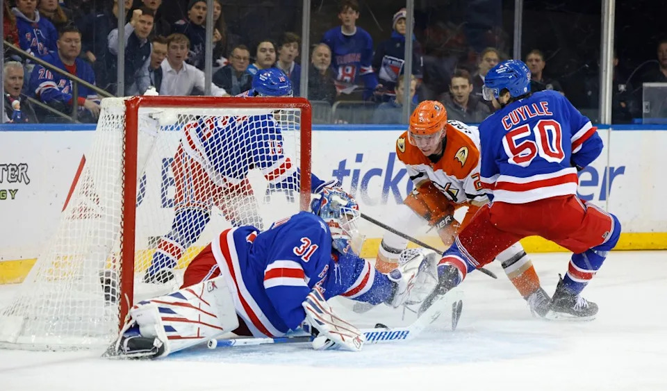 Ducks defenseman Jackson Lacombe (2) scores a goal past New York Rangers goaltender Igor Shesterkin (31) off a rebound. Robert Sabo for NY Post