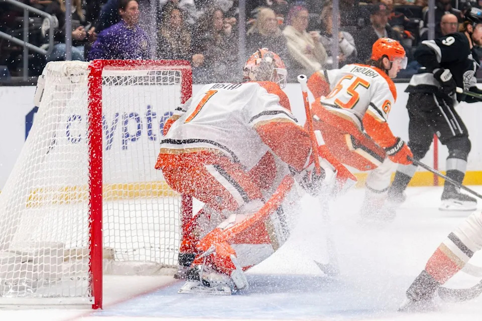 Anaheim Ducks goalie Lukas Dostal (1) gets iced by his teammate during an NHL game against the Los Angeles Kings, Saturday December 27th, 2025 in Los Angeles, California. 