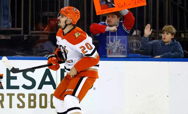 Anaheim Ducks left wing Chris Kreider (20) skates during warmups before an NHL hockey game against the New York Rangers, Monday, Dec 15, 2025, in New York. (AP Photo/Noah K. Murray)