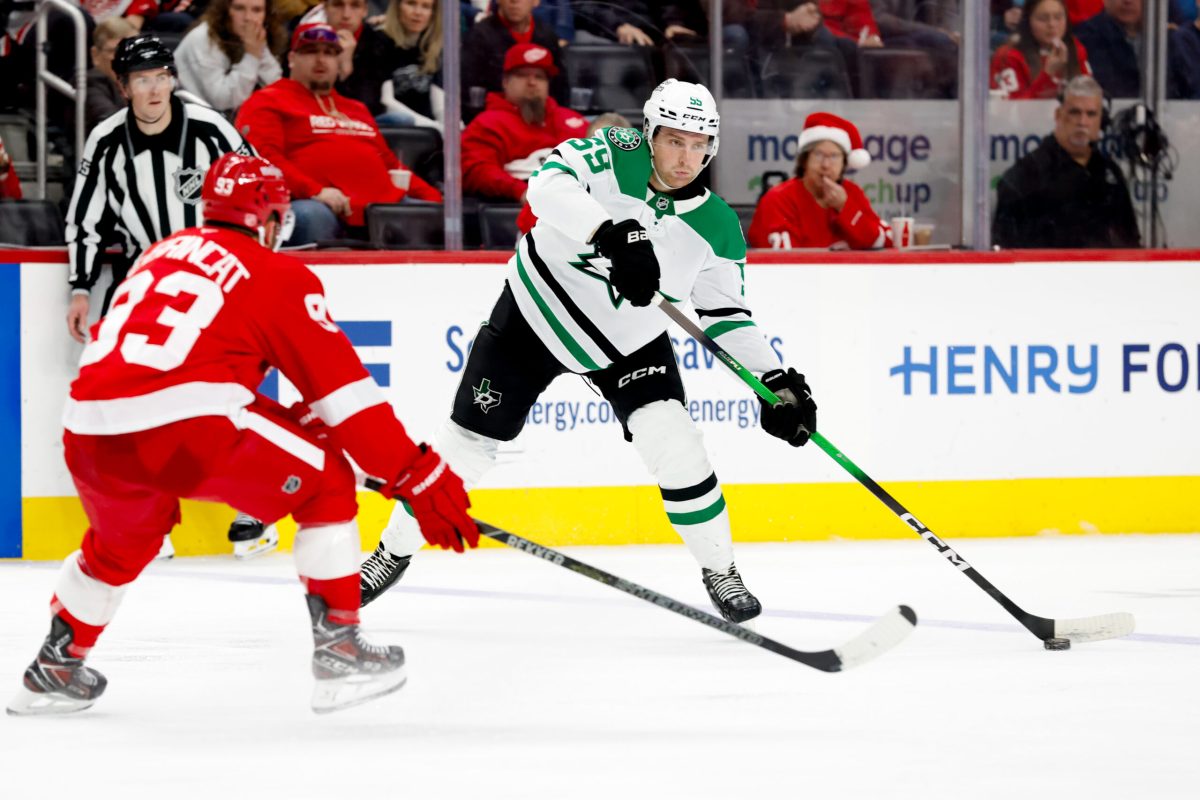 Dec 23, 2025; Detroit, Michigan, USA; Dallas Stars defenseman Thomas Harley (55) skates with the puck in the third period against the Detroit Red Wings at Little Caesars Arena. Mandatory Credit: Rick Osentoski-Imagn Images