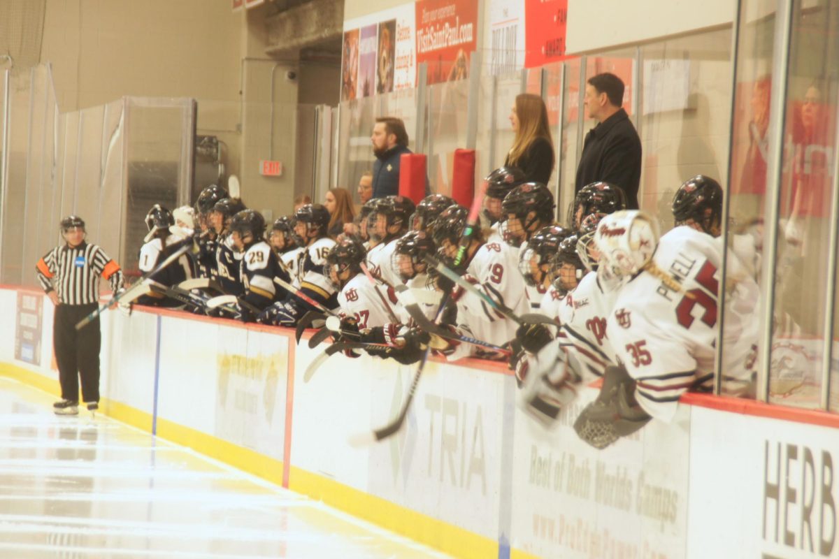 The Hamline Pipers (right) and Bethel Royals (left) pound their sticks against the rink’s wall as they cheer for their teammates on the ice, ringing in the the third period of the game.