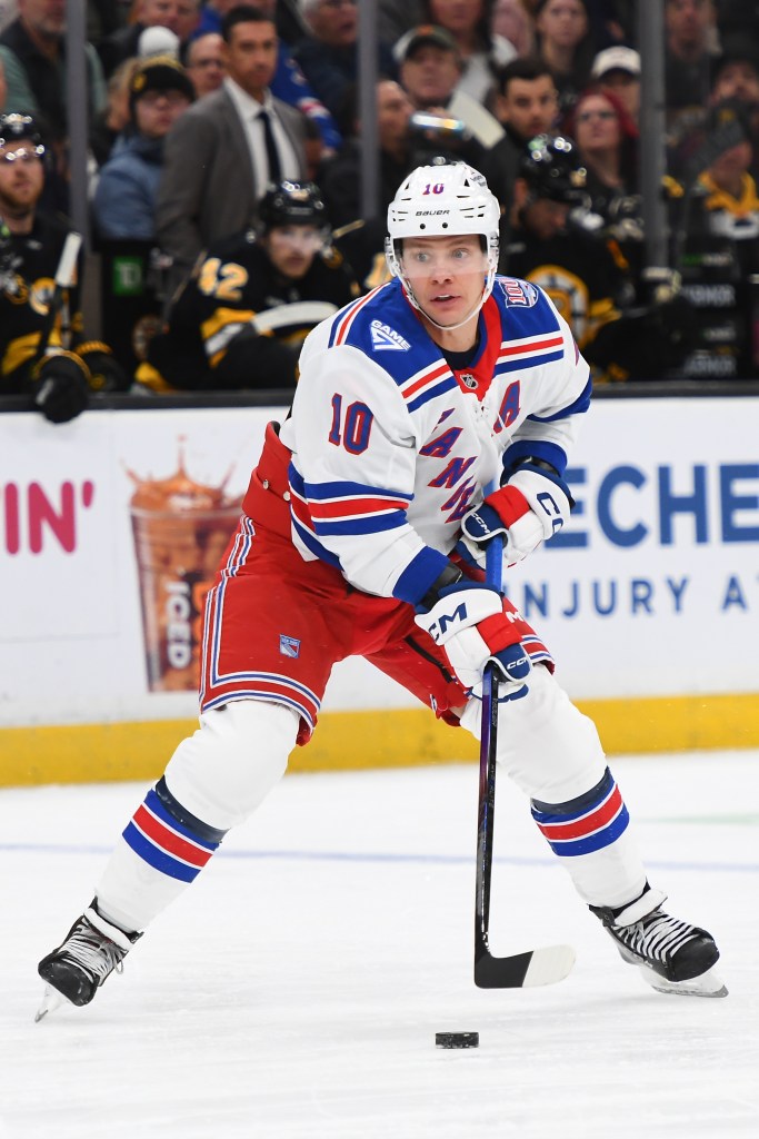 Artemi Panarin #10 of the New York Rangers skates with the puck against the Boston Bruins at the TD Garden on November 28, 2025 in Boston, Massachusetts. 