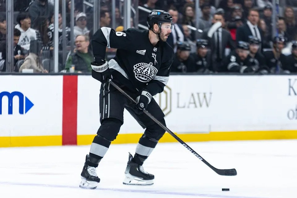 Los Angeles Kings defense Joel Edmundson (6) looks to pass the puck during an NHL game against the Chicago Blackhawks on December 6, 2025 in Los Angeles, Calif.