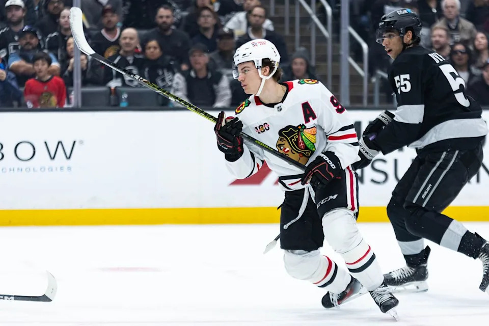 Chicago Blackhawks center Connor Bedard (98) shoots the puck during an NHL game against the Los Angeles Kings on December 6, 2025 in Los Angeles, Calif.
