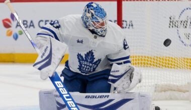 Toronto Maple Leafs goaltender Joseph Woll (60) makes a save against the Florida Panthers.