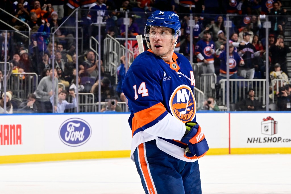 Bo Horvat #14 of the New York Islanders celebrates his third-period goal at 10:15 against the Vegas Golden Knights at UBS Arena on December 09, 2025 in Elmont, New York.