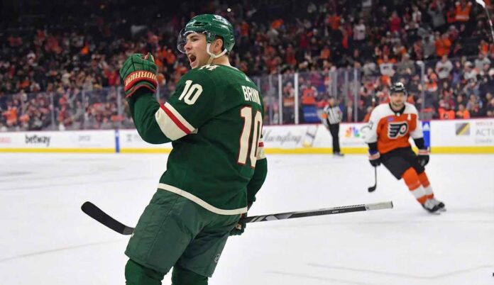 Bobby Brink of the Minnesota Wild celebrates a goal during a game.