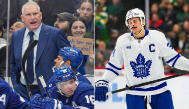 A split-frame photograph showing Toronto Maple Leafs head coach Craig Berube yelling on the bench on the left, with a fan holding a "We love you Berube!" sign behind the glass. On the right, Leafs captain Auston Matthews stands on the ice in a white away jersey during a game.