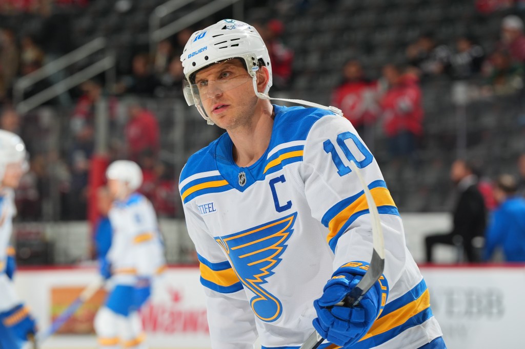 Brayden Schenn #10 of the St. Louis Blues skates during warm up.