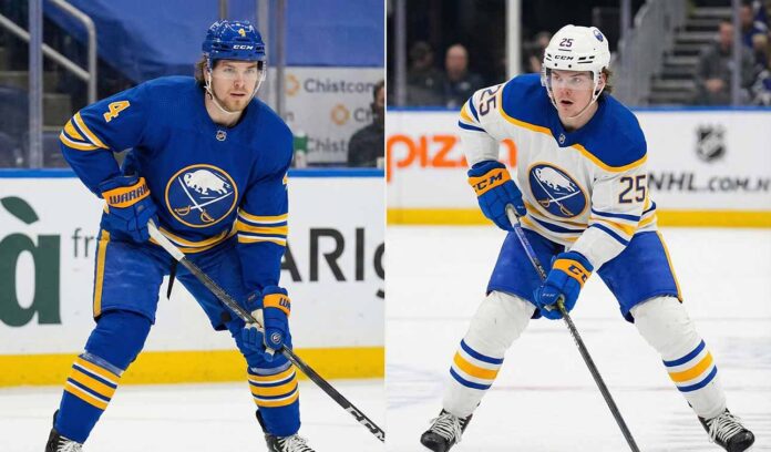 A split-screen image showing Buffalo Sabres defensemen Bowen Byram on the left, standing in a blue home jersey, and Owen Power on the right, skating in a white away jersey with a puck.