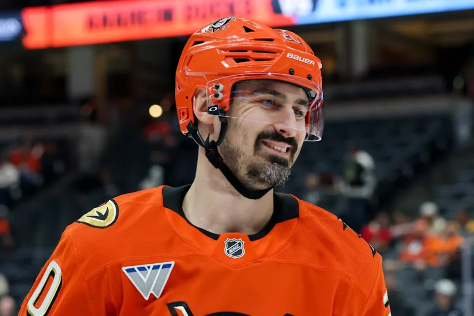 Chris Kreider looks on during warm ups before the Ducks’ blowout loss to the Mammoth at Honda Center on Dec. 3, 2025 in Anaheim, California. NHLI via Getty Images