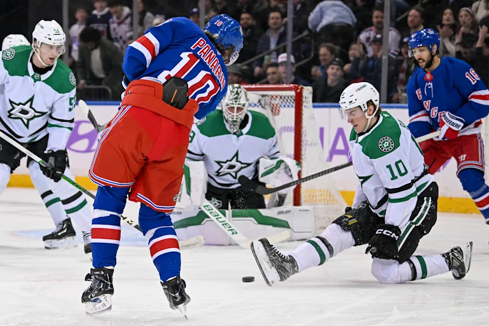 Dallas Stars forward Oskar Bock (10) blocks a shot by New York Rangers left wing Artemi Panarin (10) during the first period at Madison Square Garden.