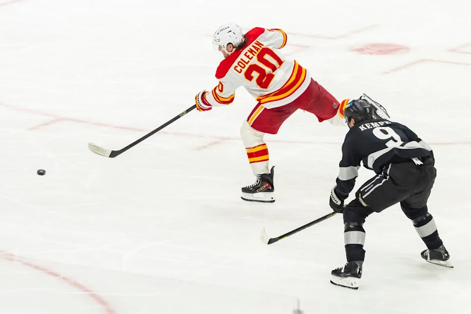 Left wing Blake Coleman #20 of the Calgary Flames scores a goal during an NHL hockey game against the Los Angeles Kings, Saturday December 13, 2025 in Los Angeles, Calif.
