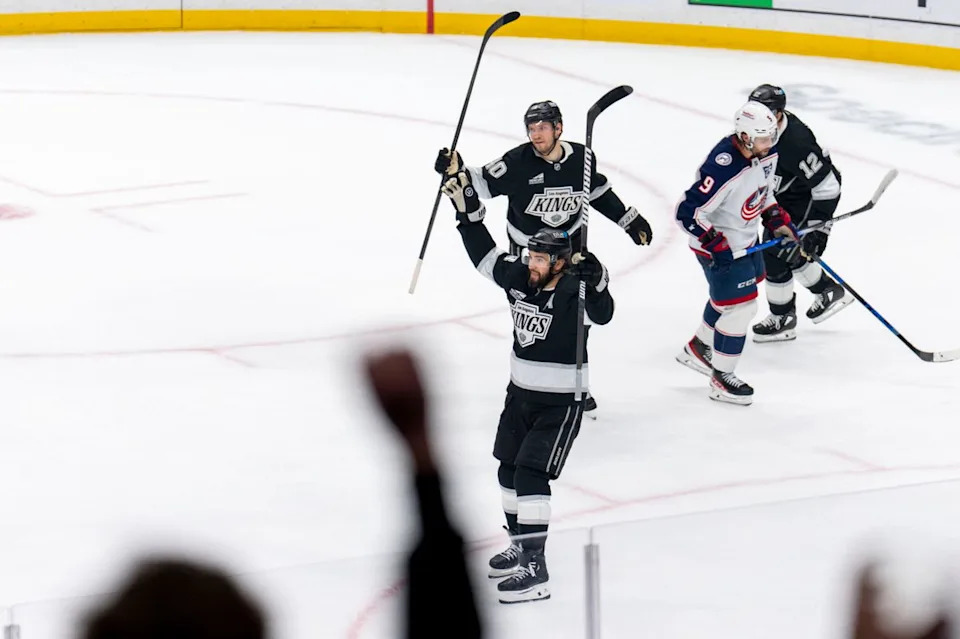Los Angeles Kings D Drew Doughty (8) celebrates a Kings goal during an NHL game against the Columbus Blue Jackets, Monday December 22nd, 2025 in Los Angeles, California. 