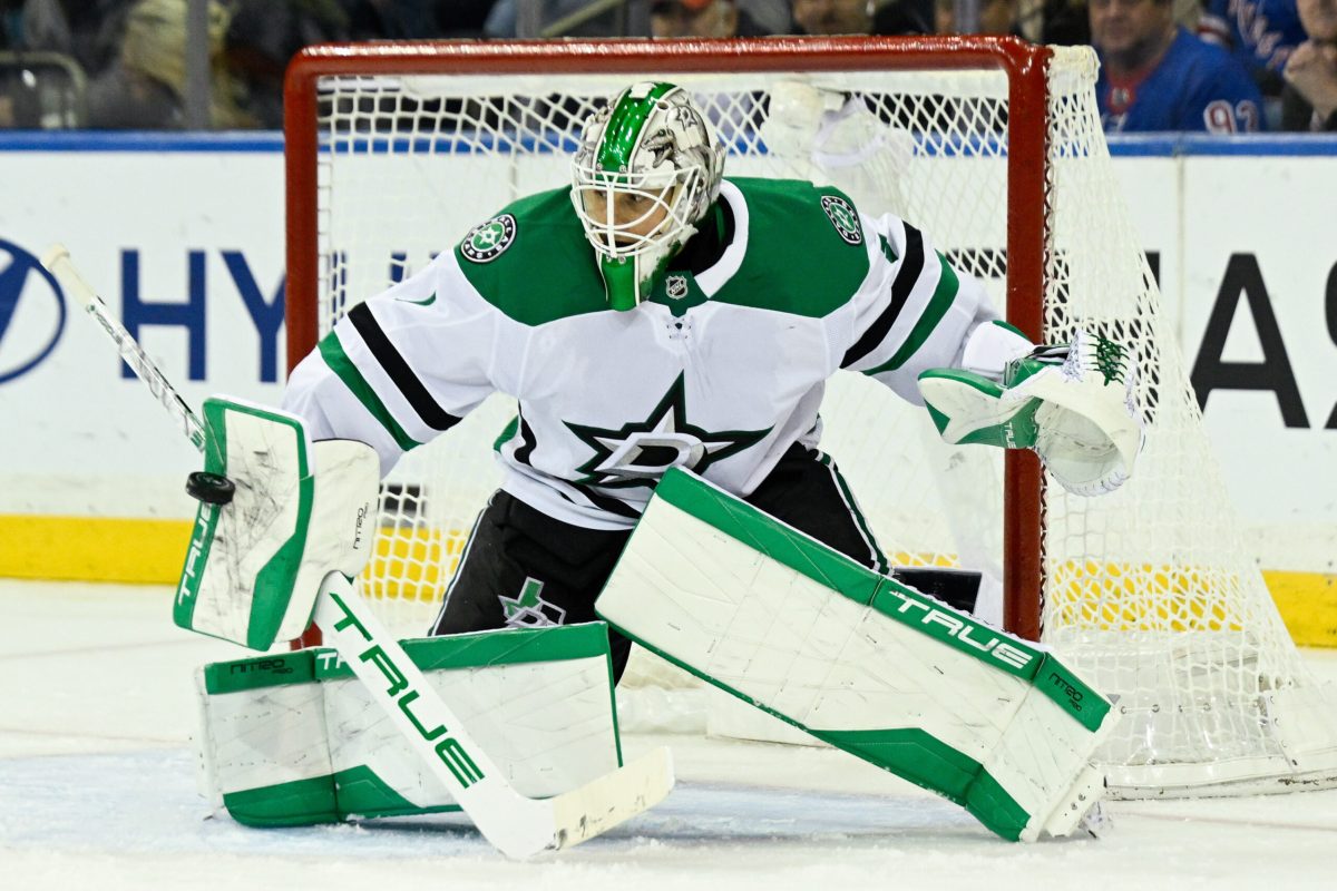Dec 2, 2025; New York, New York, USA; Dallas Stars goaltender Casey Desmith (1) makes a save against the New York Rangers during the third period at Madison Square Garden. Mandatory Credit: Dennis Schneidler-Imagn Images