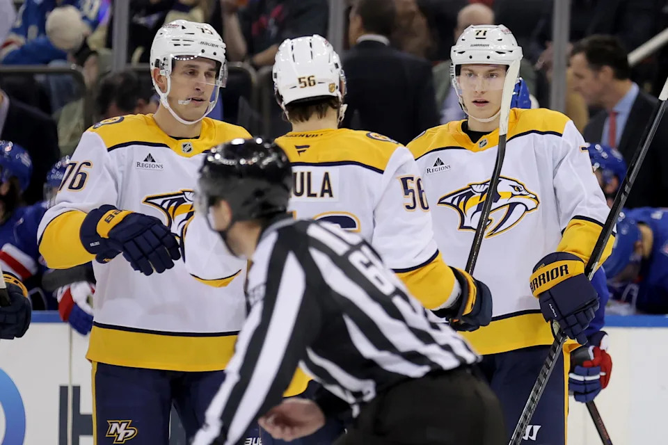 Nov 10, 2025; New York, New York, USA; Nashville Predators right wing Matthew Wood (71) celebrates his goal against the New York Rangers with left wing Erik Haula (56) and defenseman Brady Skjei (76) during the third period at Madison Square Garden. Mandatory Credit: Brad Penner-Imagn Image