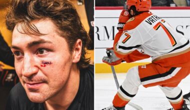 Ducks' Frank Vatrano bloodied after getting hit in face by puck