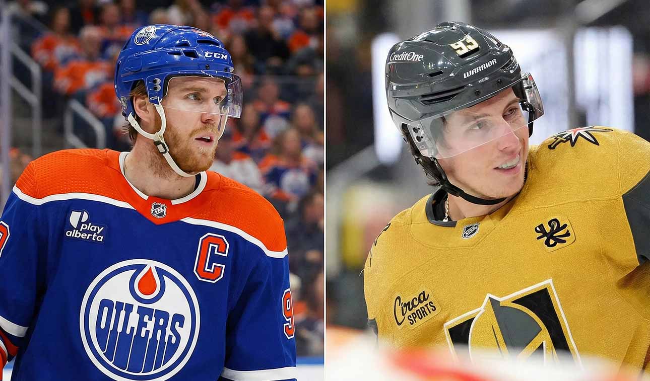 A split-screen photograph featuring two NHL team captains. On the left, Connor McDavid of the Edmonton Oilers in his blue jersey, looking serious. On the right, Mitch Marner of the Vegas Golden Knights in his gold jersey, smiling.