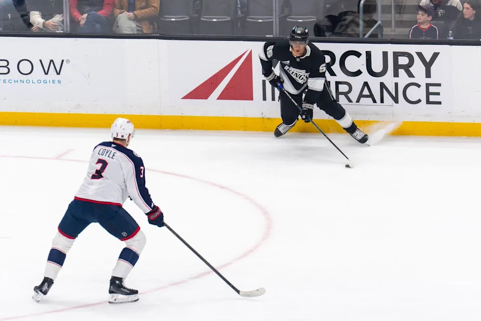 Los Angeles Kings RW Quinton Byfield (55) squares up the defense during an NHL game against the Columbus Blue Jackets, Monday December 22nd, 2025 in Los Angeles, California. 