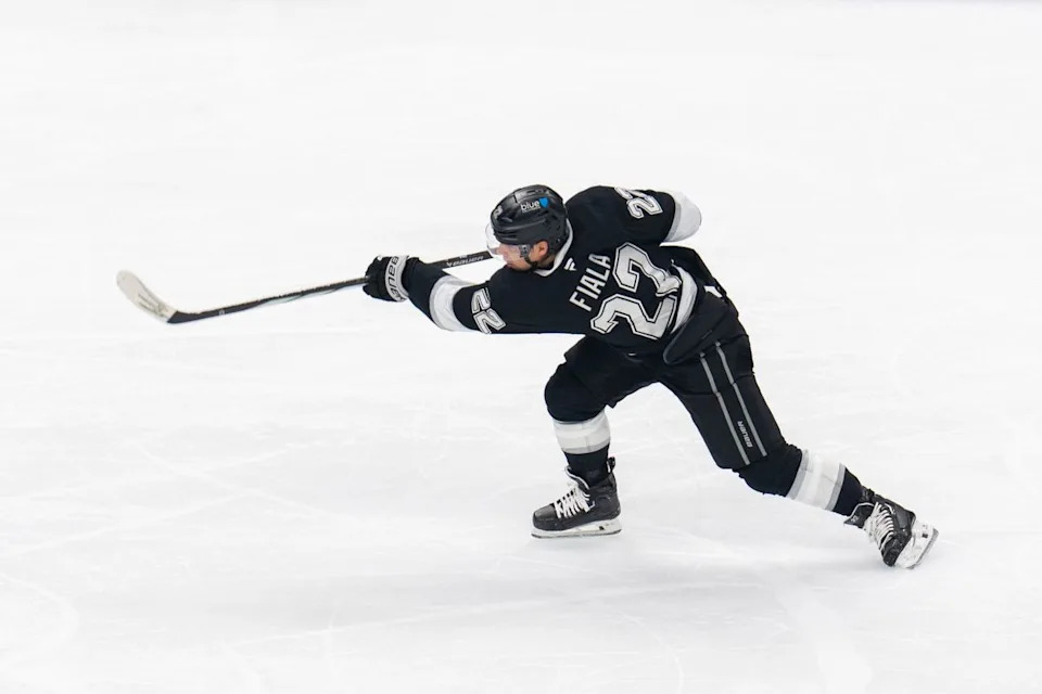 Los Angeles Kings LW Kevin Fiala (22) takes a shot on goal during an NHL game against the Columbus Blue Jackets, Monday December 22nd, 2025 in Los Angeles, California. 