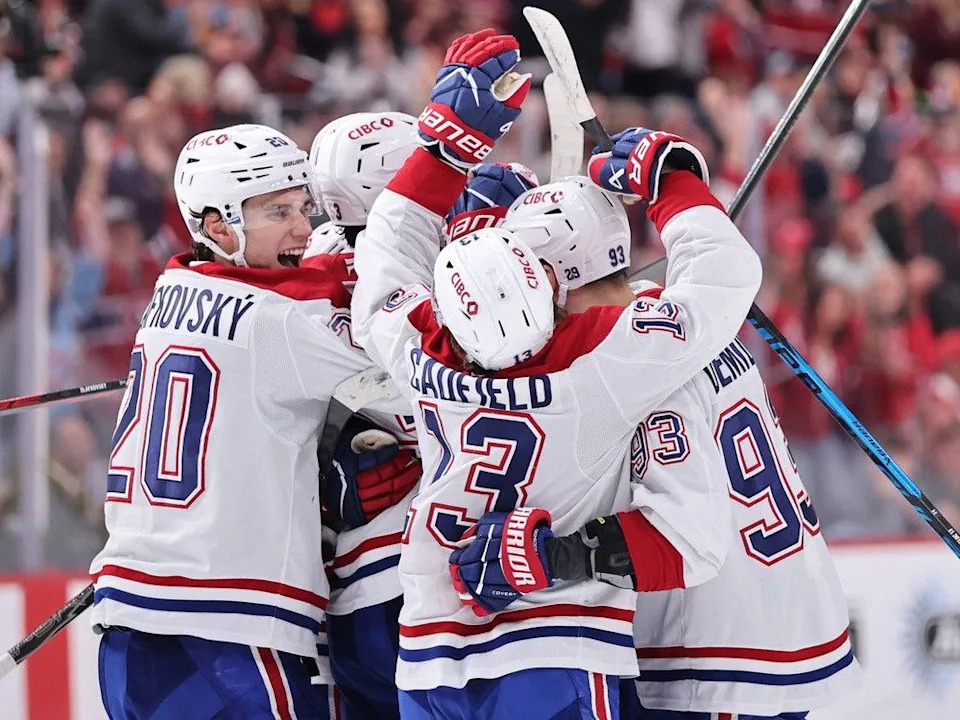  Canadiens’ Nick Suzuki celebrates his goal to force overtime with teammates during the third period at Amerant Bank Arena on Dec. 30, 2025 in Sunrise, Florida.