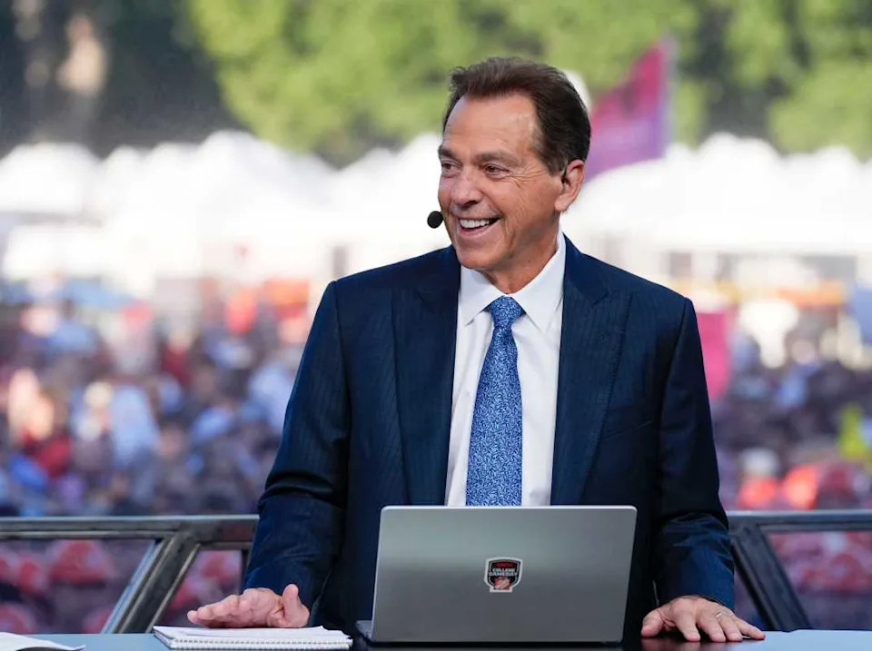 Oct. 4, 2025; Tuscaloosa, Alabama, USA; Former Alabama coach Nick Saban smiles as he is on set during ESPN’s College GameDay on location on the Quad at the University of Alabama before the Alabama versus Vanderbilt game.© Gary Cosby Jr&period; &sol; USA TODAY NETWORK via Imagn Images