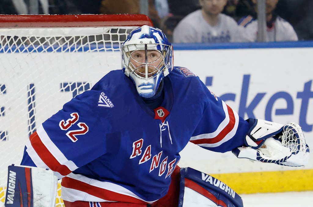 New York Rangers goaltender Jonathan Quick defending the net.