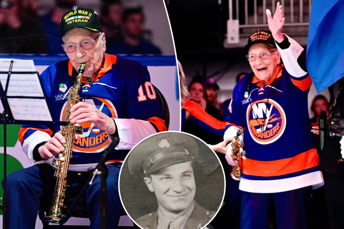 WWII vet, 104, thrills Rangers-Islanders crowd with national anthem on saxophone