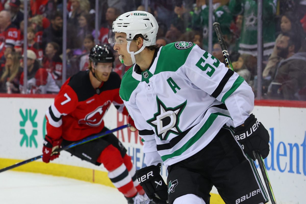Feb 22, 2025; Newark, New Jersey, USA; Dallas Stars center Wyatt Johnston (53) celebrates his goal against the New Jersey Devils during the third period at Prudential Center. Mandatory Credit: Ed Mulholland-Imagn Images