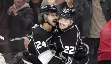 Los Angeles Kings left wing Kevin Fiala, right, celebrates his goal with center Phillip Danault during the second period of an NHL hockey game against the St. Louis Blues Saturday, Nov. 18, 2023, in Los Angeles. (AP Photo/Mark J. Terrill) (Mark J. Terrill / Associated Press)