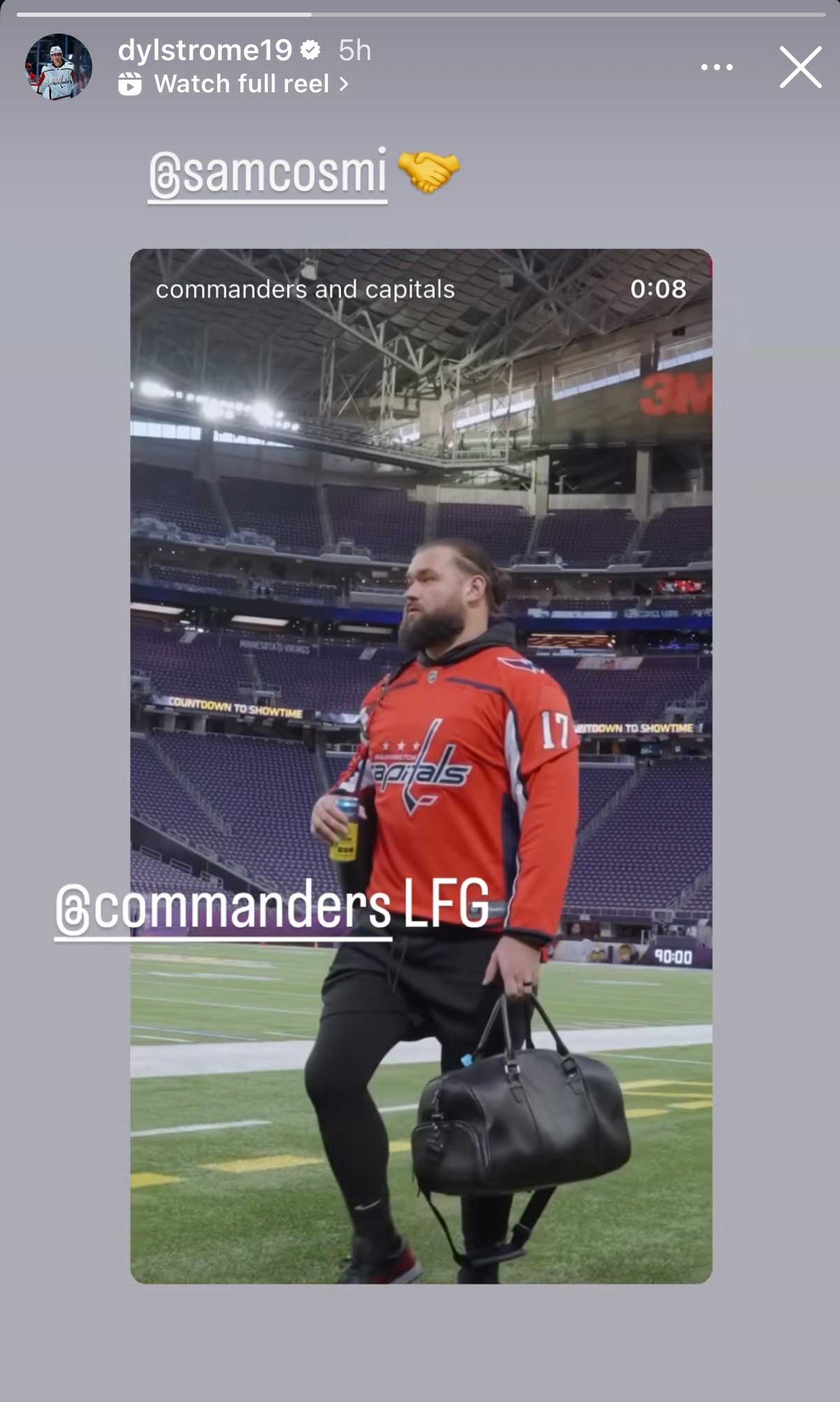 Dylan Strome saluting Sam Cosmi on his Instagram Story