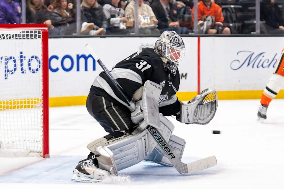 Los Angeles Kings goalie Anton Forsberg (31) with the save during an NHL game against the Anaheim Ducks, Saturday December 27th, 2025 in Los Angeles, California.