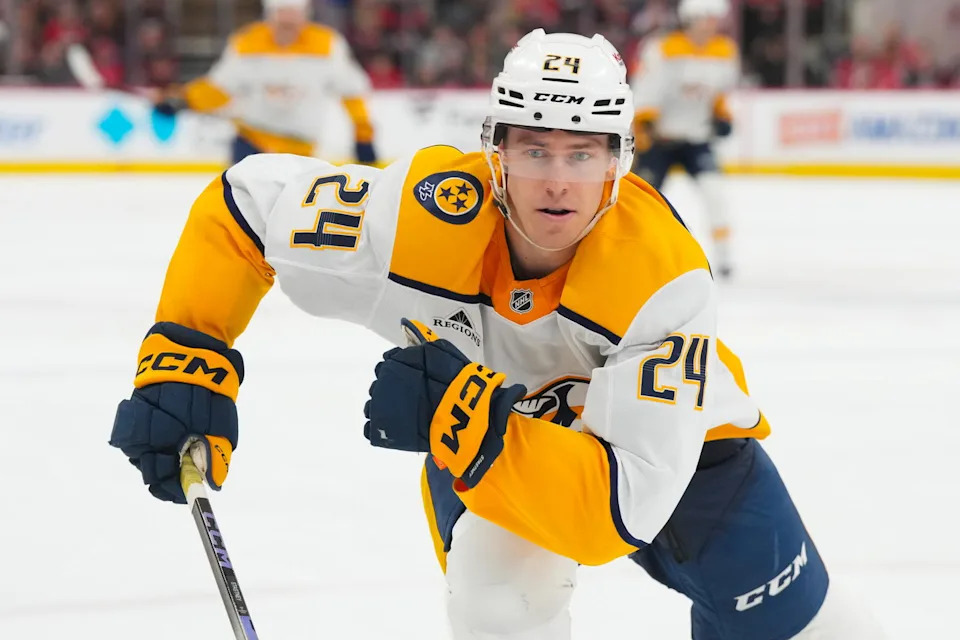 Dec 6, 2025; Raleigh, North Carolina, USA; Nashville Predators defenseman Spencer Stastney (24) skates against the Carolina Hurricanes during the third period at Lenovo Center. Mandatory Credit: James Guillory-Imagn Images