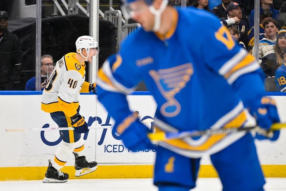 Dec 27, 2025; St. Louis, Missouri, USA; Nashville Predators center Fedor Svechkov (40) reacts after scoring against the St. Louis Blues during the third period at Enterprise Center. Mandatory Credit: Jeff Curry-Imagn Images