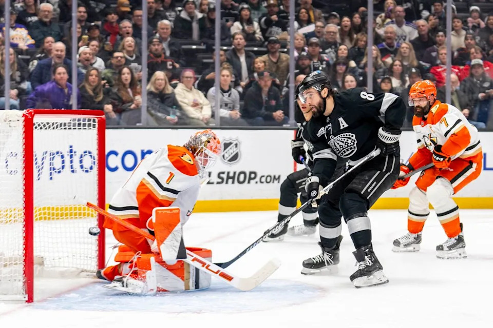 Los Angeles Kings D Drew Doughty (8) scores the first goal during an NHL game against the Anaheim Ducks, Saturday December 27th, 2025 in Los Angeles, California. 