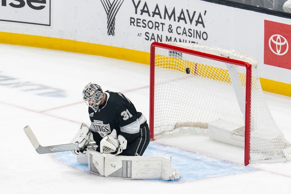 Los Angeles Kings goalie Anton Forsberg (31) allows a goal during an NHL game against the Columbus Blue Jackets, Monday December 22nd, 2025 in Los Angeles, California. 