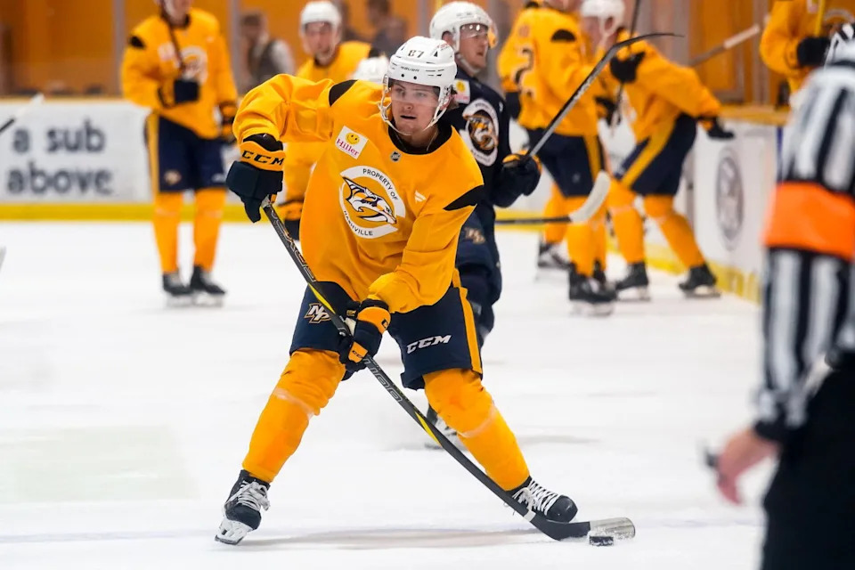 Gold team forward Teddy Stiga (87) looks to shoot during the Future Stars Game at the Ford Ice Center Bellevue in Nashville, Tenn., Saturday, July 5, 2025. Andrew Nelles / The Tennessean / USA TODAY NETWORK via Imagn Images