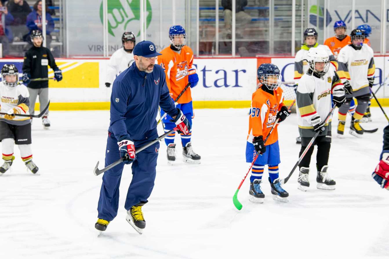 Alex Ovechkin skates with young players at the American Special Hockey Association clinic